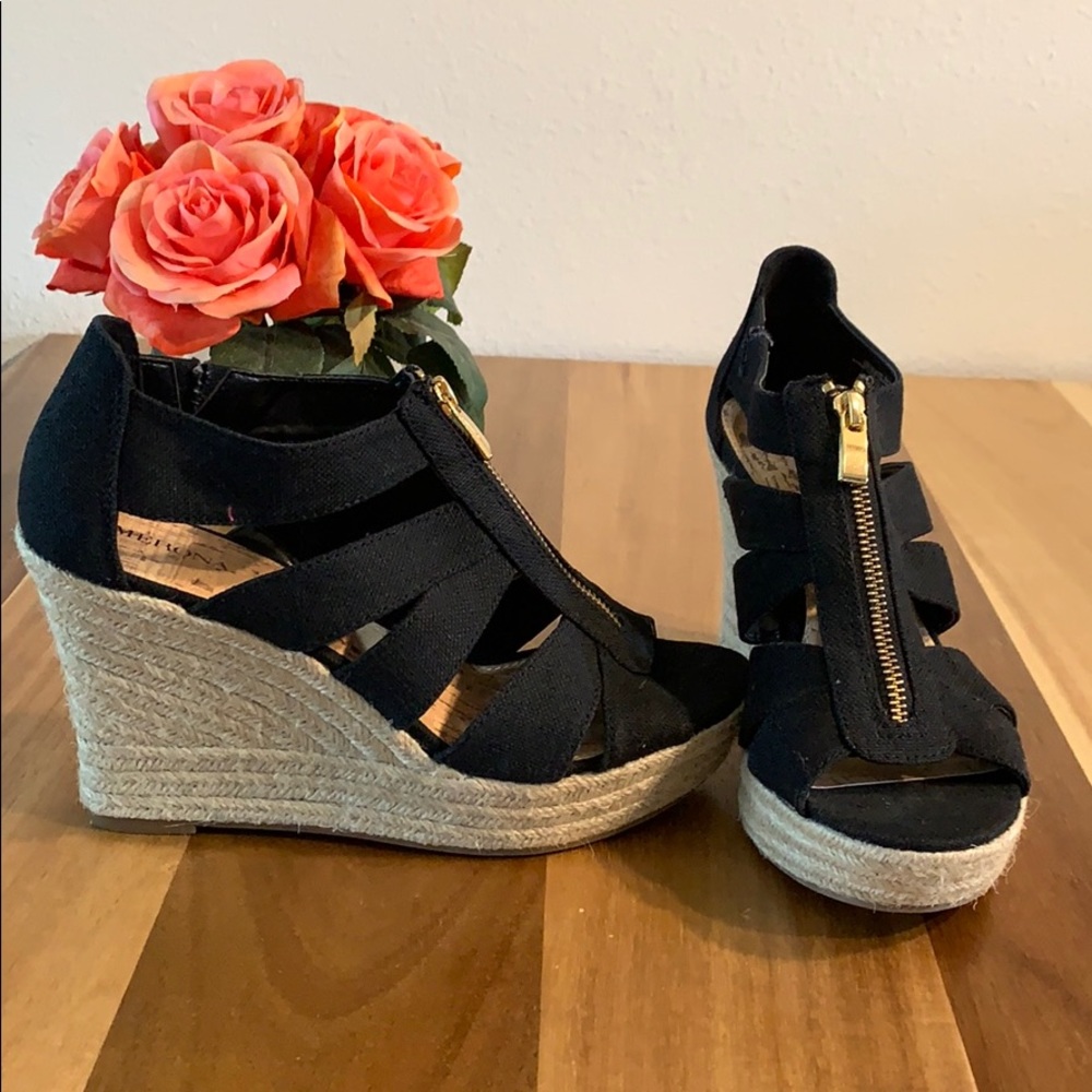 Merona Black Canvas Wedge Heels Size 9